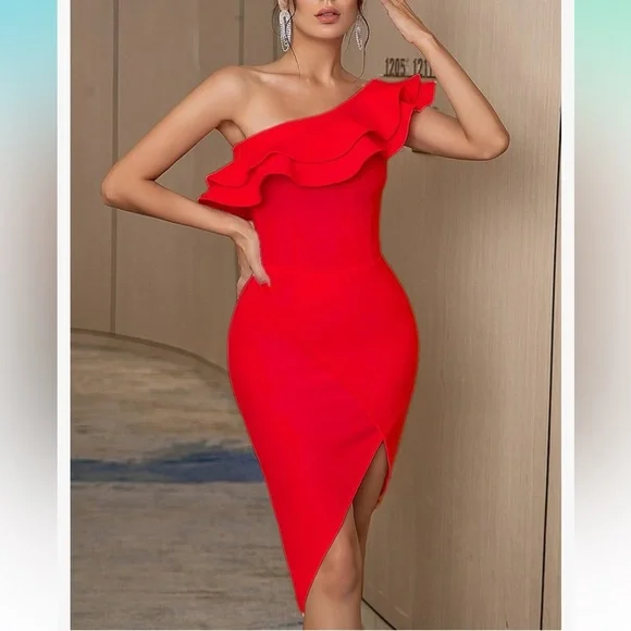 New  Women One Shoulder Ruffle Side Split Bodycon Bandage Dress - Picture 3 of 7